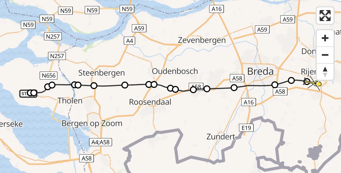 Routekaart van de vlucht: Lifeliner 2 naar Vliegbasis Gilze-Rijen, Engelaarsdijk