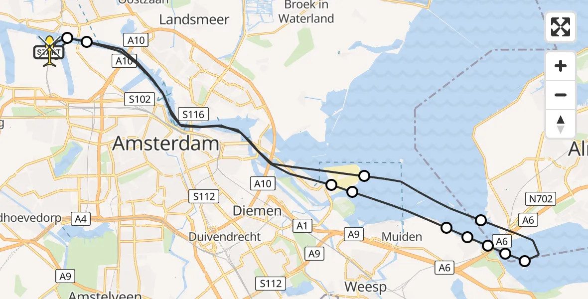 Routekaart van de vlucht: Lifeliner 1 naar Amsterdam Heliport, Reddingsbrigade Naarden