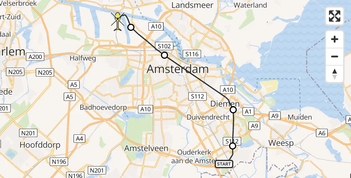 Routekaart van de vlucht: Lifeliner 1 naar Amsterdam Heliport, Capriweg