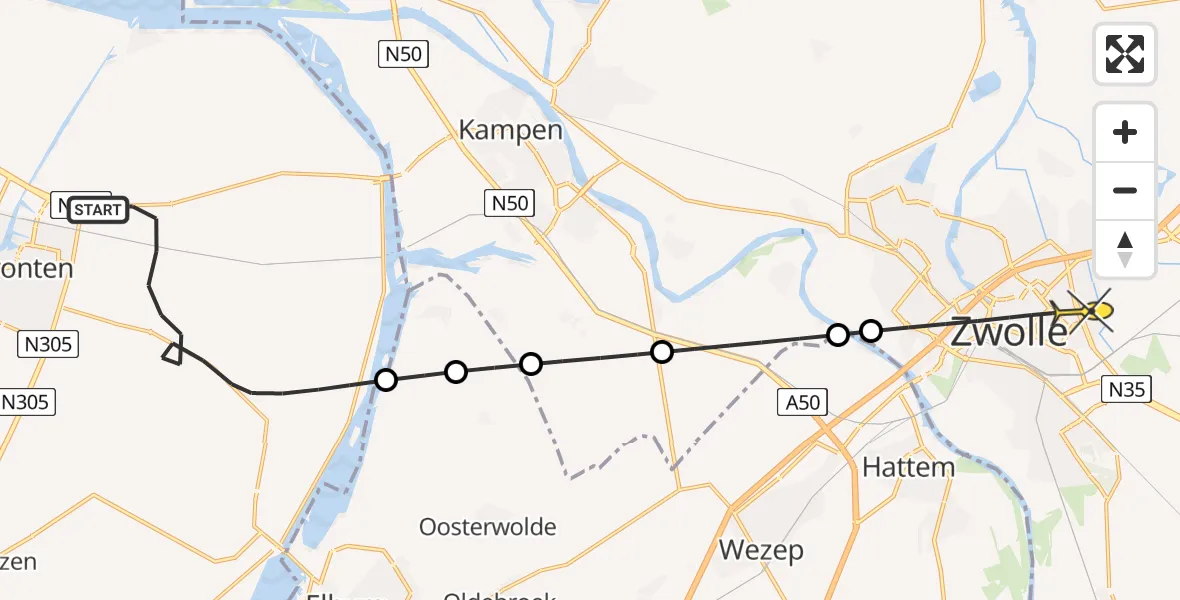 Routekaart van de vlucht: Lifeliner 1 naar Zwolle, Hanzeweg