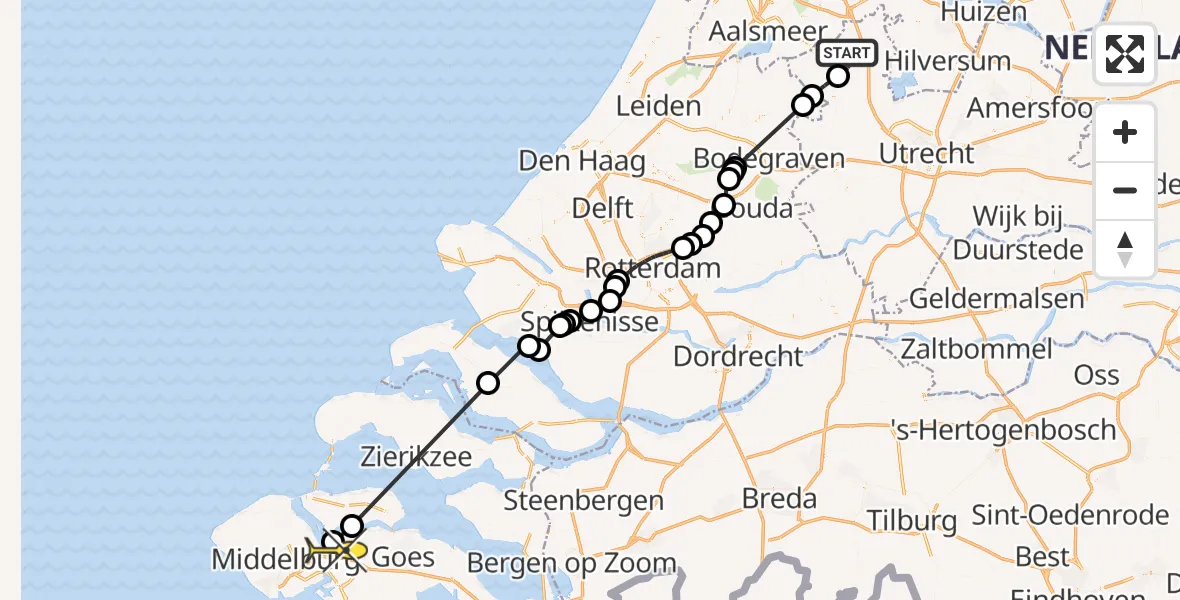 Routekaart van de vlucht: Politieheli naar Vliegveld Midden-Zeeland, Baambrugse Zuwe