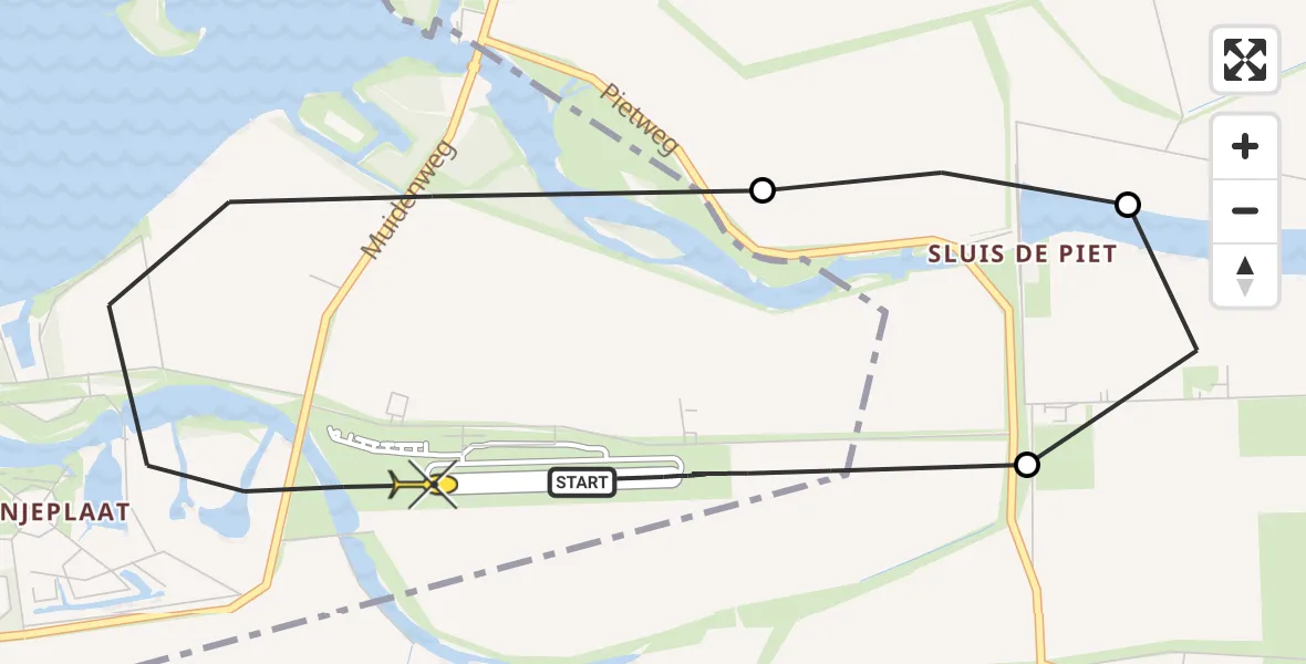 Vluchtroute Politiehelikopter van Vliegveld Midden-Zeeland naar Vliegveld Midden-Zeeland