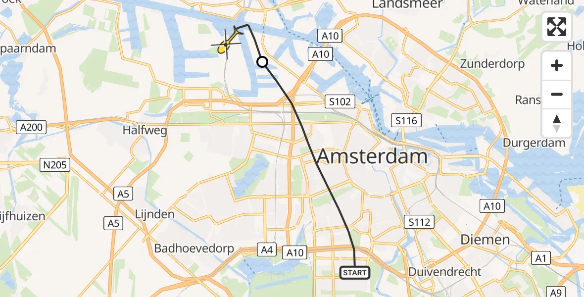 Routekaart van de vlucht: Lifeliner 1 naar Amsterdam Heliport, Van Heenvlietlaan