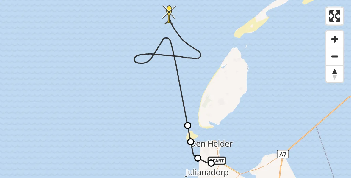 Routekaart van de vlucht: Kustwachthelikopter naar Middenvliet