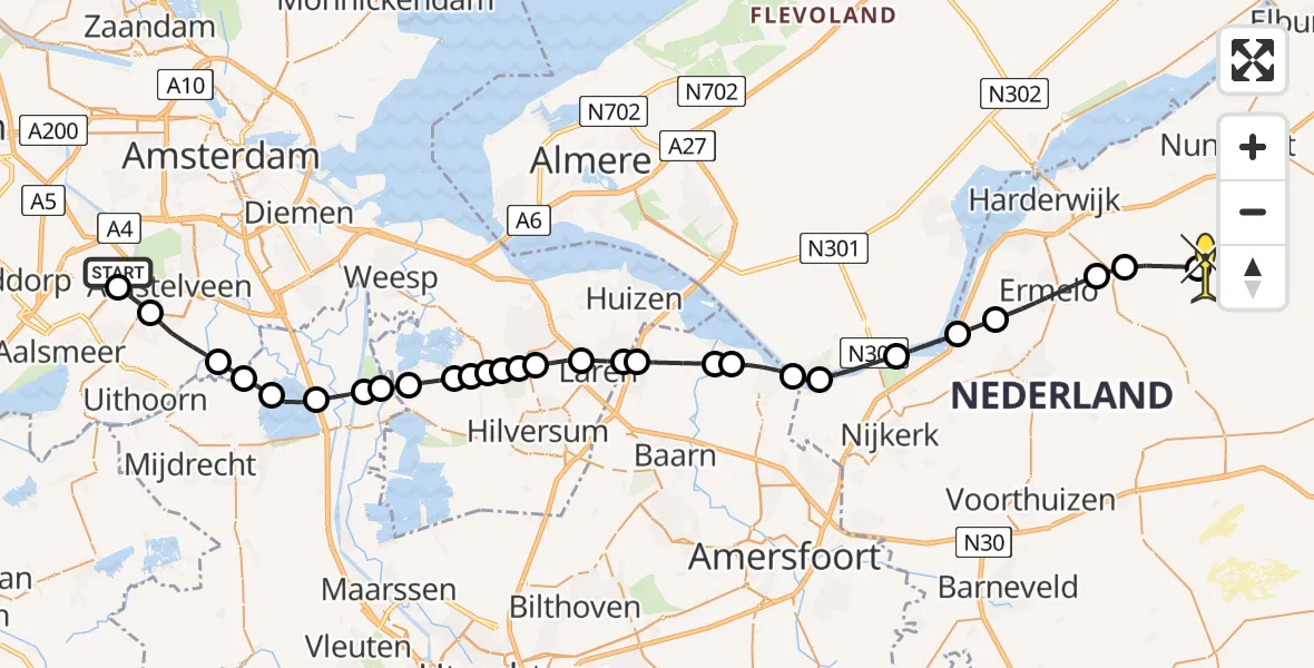 Routekaart van de vlucht: Politieheli naar Elspeet, Botshol