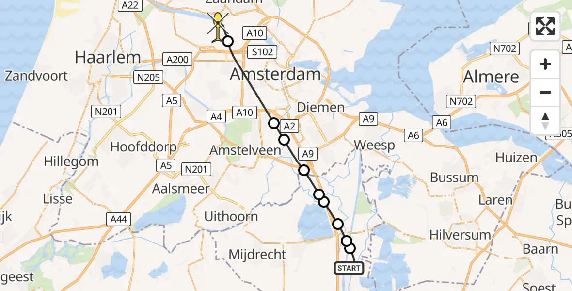 Routekaart van de vlucht: Lifeliner 1 naar Amsterdam Heliport, Amstelweg