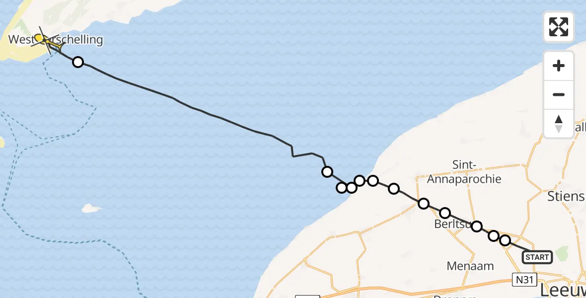 Routekaart van de vlucht: Ambulanceheli naar West-Terschelling, Groote Plaat