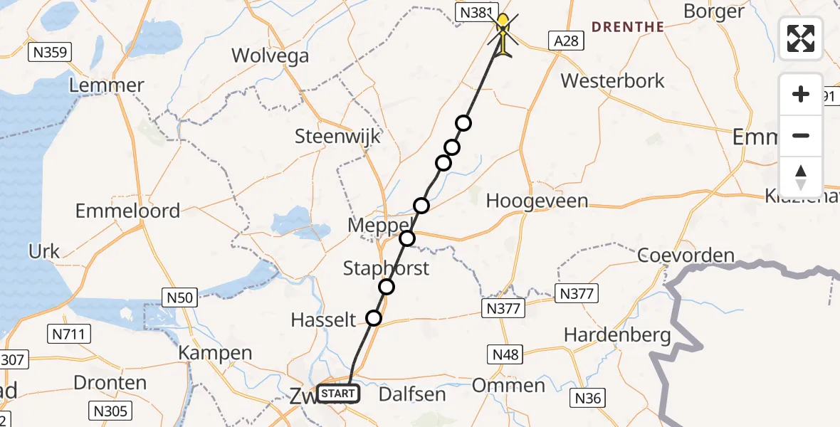 Routekaart van de vlucht: Lifeliner 4 naar Hoogersmilde, Tussen de Verlaten