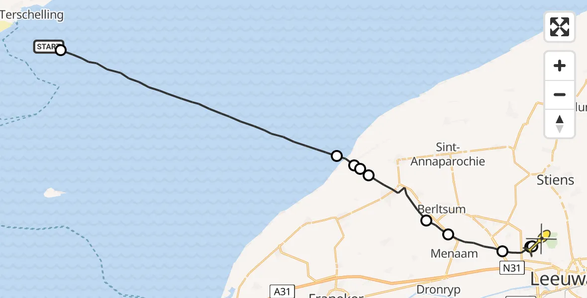 Routekaart van de vlucht: Ambulanceheli naar Vliegbasis Leeuwarden, Ljouwerterdyk