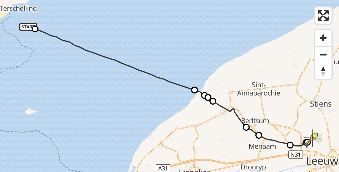 Routekaart van de vlucht: Ambulancehelikopter naar Vliegbasis Leeuwarden, Ljouwerterdyk