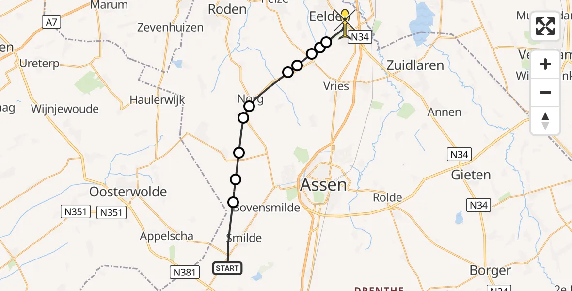 Routekaart van de vlucht: Lifeliner 4 naar Groningen Airport Eelde, Kymmelswijk