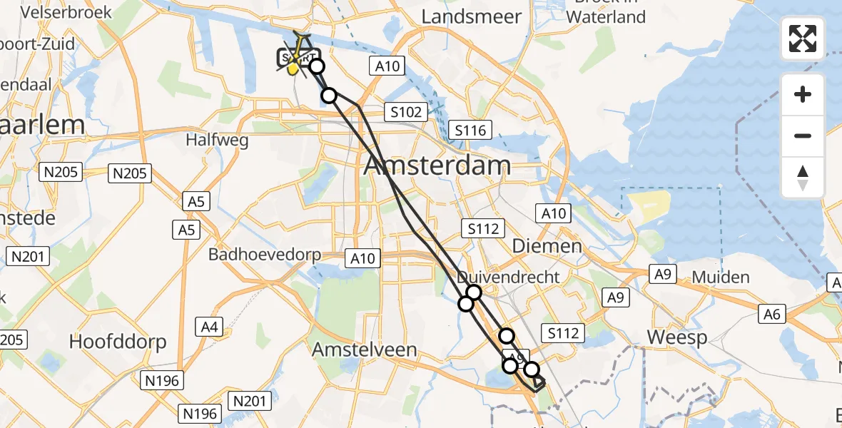 Routekaart van de vlucht: Lifeliner 1 naar Amsterdam Heliport, Basisweg