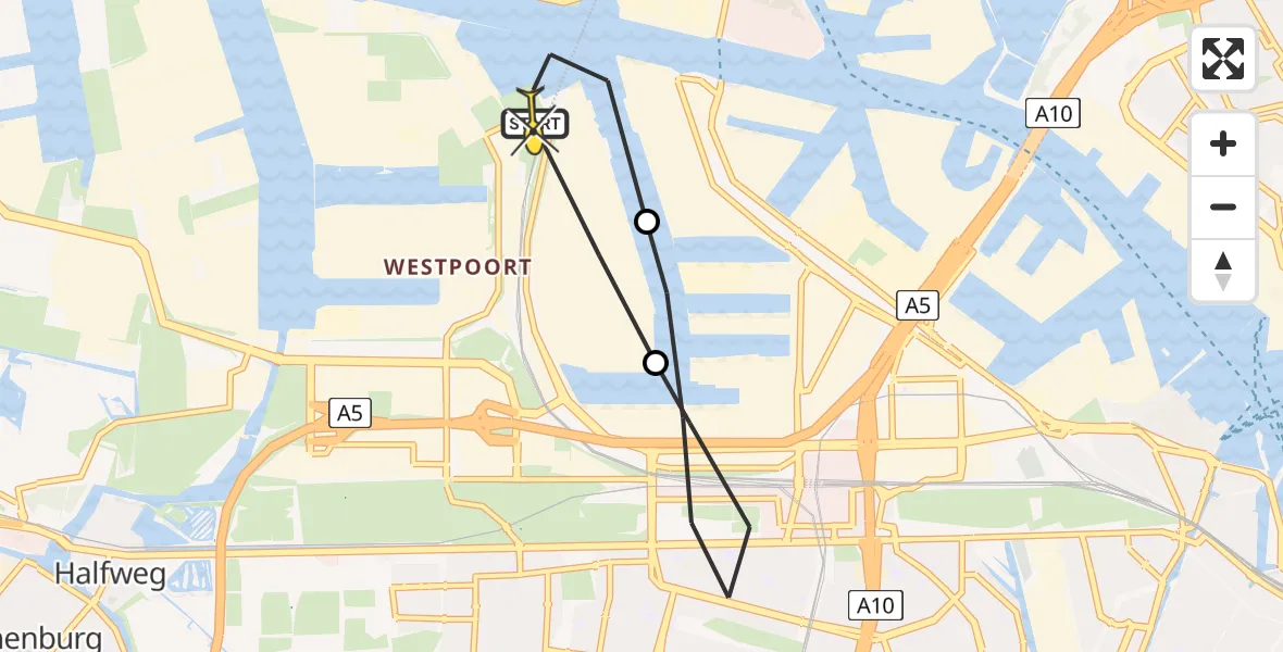 Routekaart van de vlucht: Lifeliner 1 naar Amsterdam Heliport, Moezelhavenweg