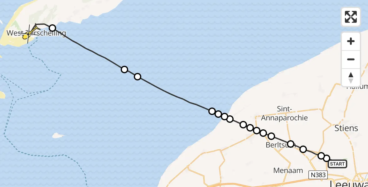 Routekaart van de vlucht: Ambulanceheli naar West-Terschelling, Sirtemawei