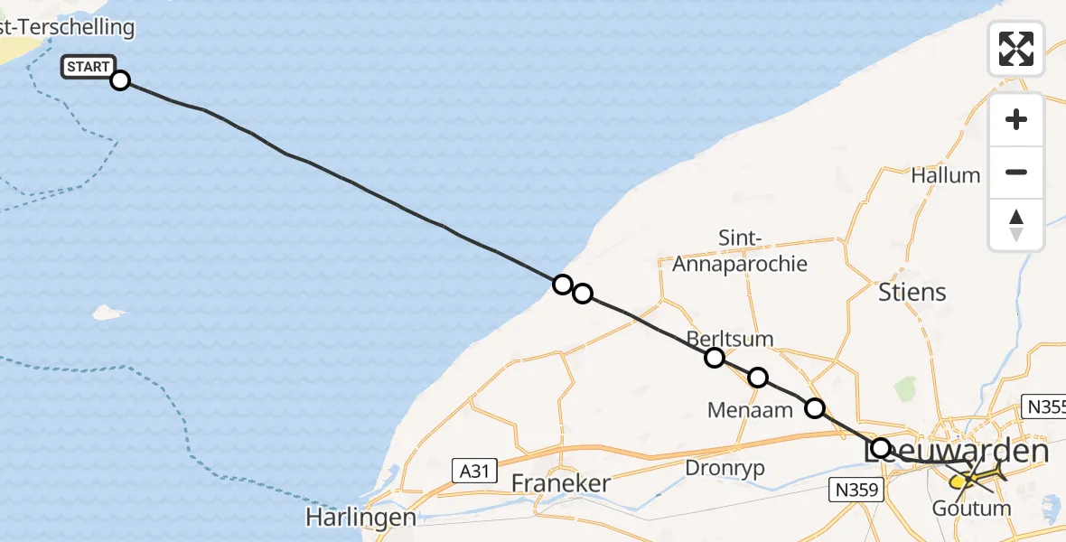 Routekaart van de vlucht: Ambulanceheli naar Leeuwarden, Groote Plaat