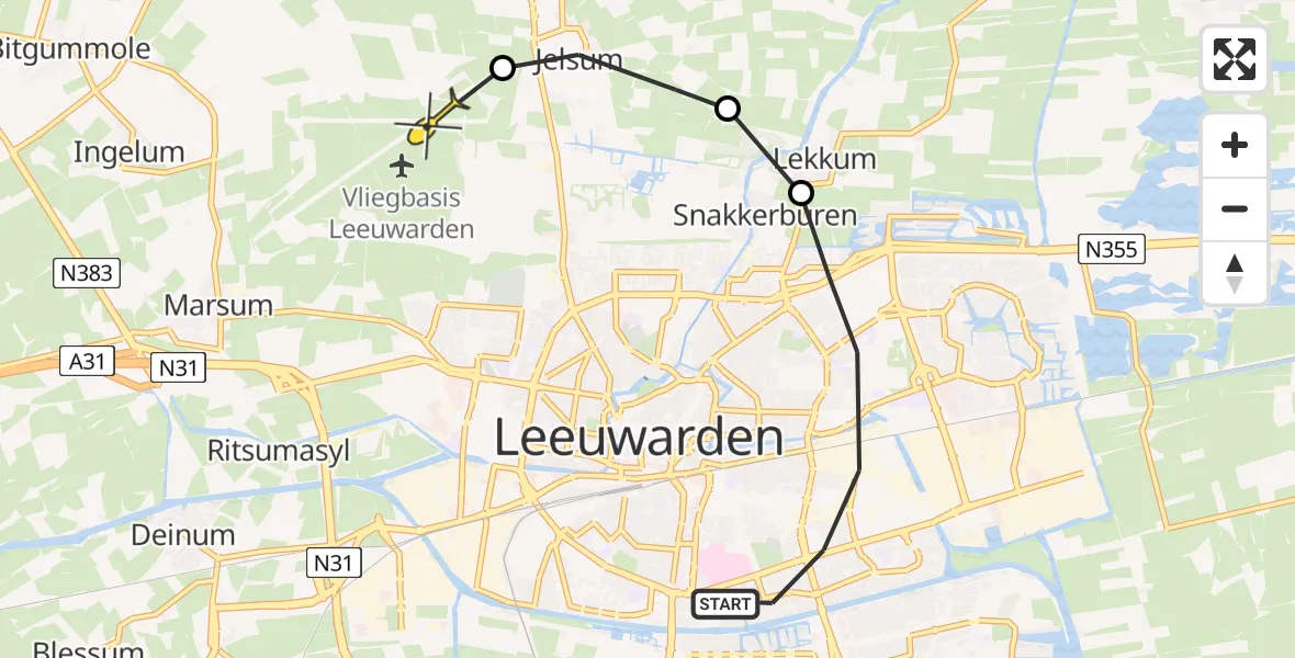 Vluchtroute Ambulancehelikopter van Leeuwarden naar Vliegbasis Leeuwarden