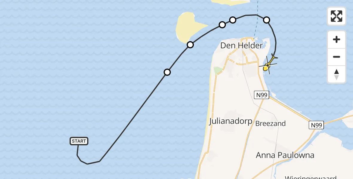 Routekaart van de vlucht: Kustwachthelikopter naar Den Helder, Oostoeverweg