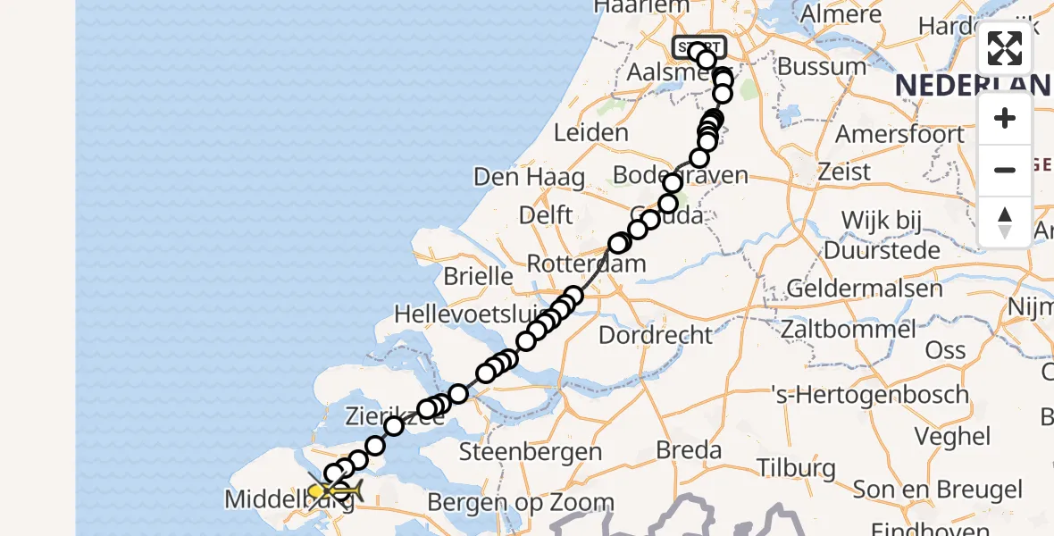 Routekaart van de vlucht: Politieheli naar Vliegveld Midden-Zeeland, Amsterdam-Bataviaweg