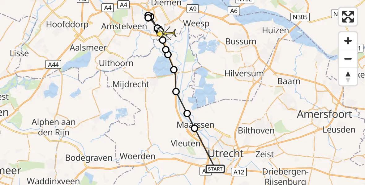 Routekaart van de vlucht: Lifeliner 1 naar Academisch Medisch Centrum (AMC), Rooseveltboulevard-Zuid