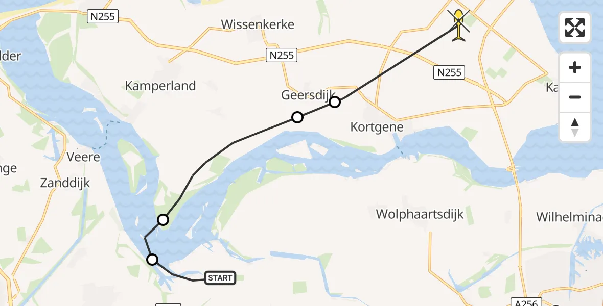 Routekaart van de vlucht: Politieheli naar Colijnsplaat, Zandkreekplaatweg