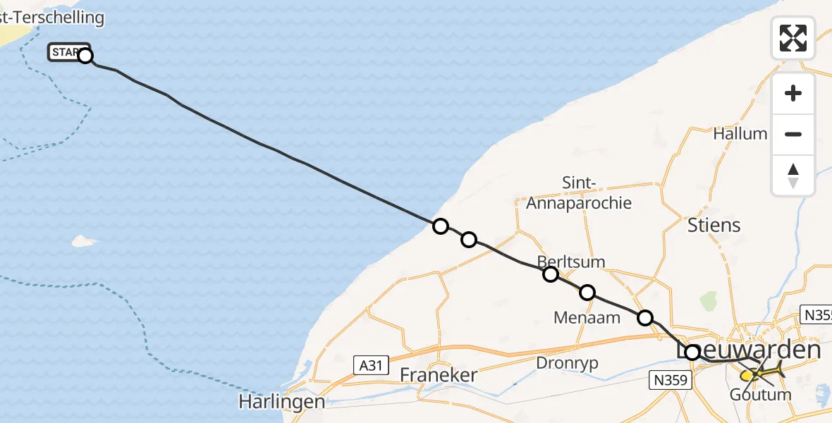 Routekaart van de vlucht: Ambulancehelikopter naar Leeuwarden, Groote Plaat