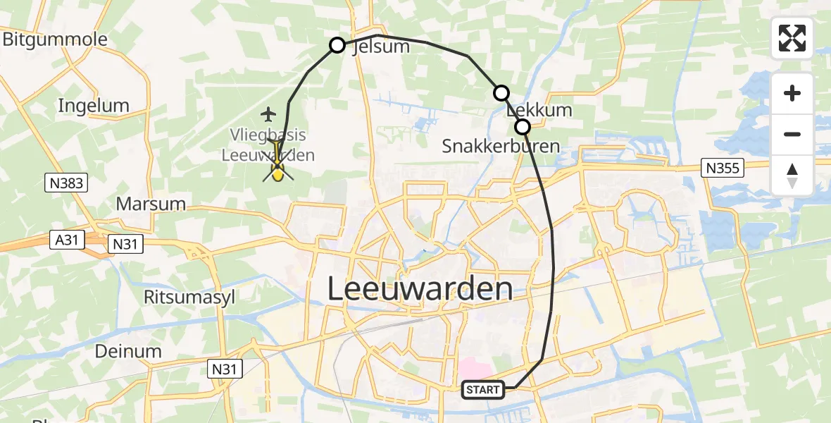Routekaart van de vlucht: Ambulancehelikopter naar Vliegbasis Leeuwarden, Keegsdijkje