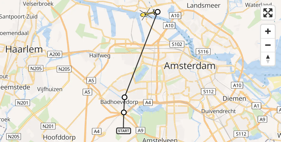 Routekaart van de vlucht: Politiehelikopter naar Zaandam, Loevesteinse Randweg
