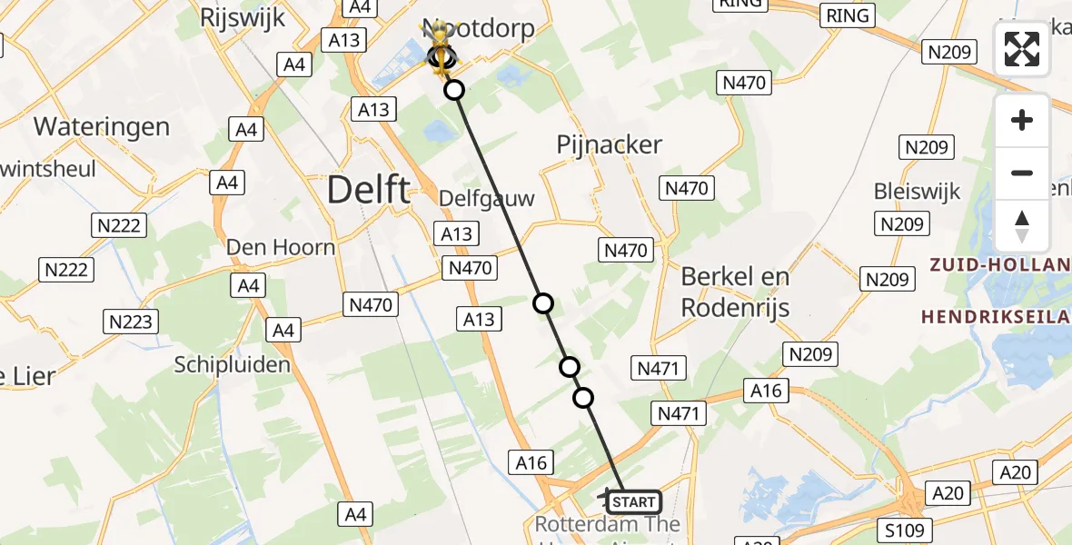 Vluchtroute Traumahelikopter Rotterdam The Hague Airport - Nootdorp, 11 november 2024, 07:07