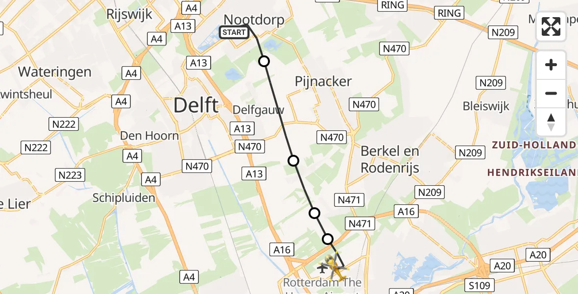 Vluchtroute Traumahelikopter Nootdorp - Rotterdam The Hague Airport, 11 november 2024, 07:26