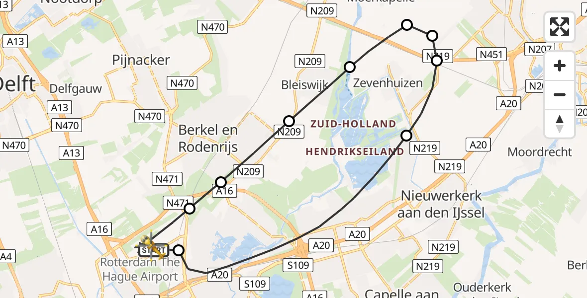 Vluchtroute Traumahelikopter Rotterdam The Hague Airport - Rotterdam The Hague Airport, 11 november 2024, 07:57