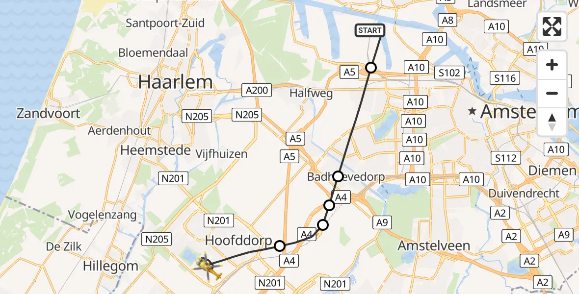 Vluchtroute Traumahelikopter Amsterdam Heliport - Hoofddorp, 11 november 2024, 08:05
