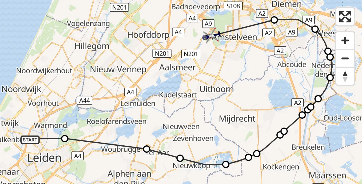 Vluchtroute Politiehelikopter Oegstgeest - Amstelveen, 11 november 2024, 08:56