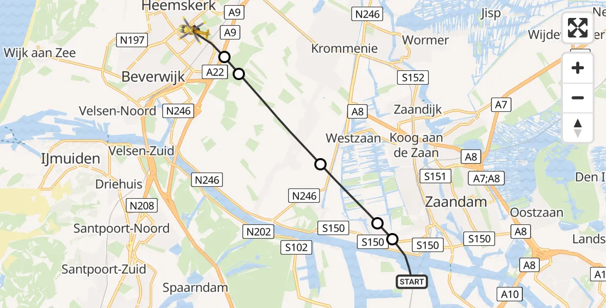 Vluchtroute Traumahelikopter Amsterdam Heliport - Heemskerk, 11 november 2024, 09:55