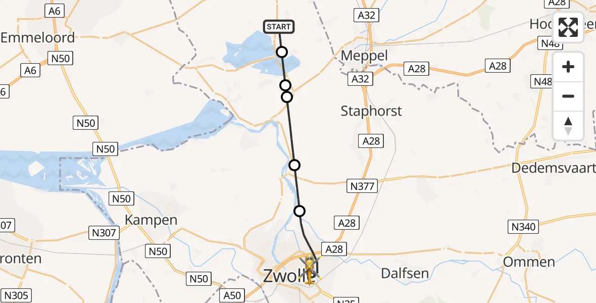 Vluchtroute Traumahelikopter van Giethoorn naar Zwolle