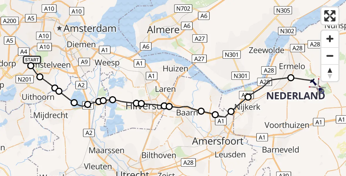 Vluchtroute Politiehelikopter Schiphol - Ermelo, 11 november 2024, 11:09