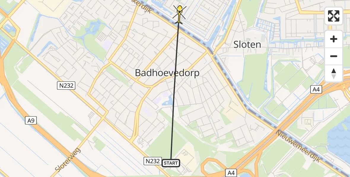 Routekaart van de vlucht: Politiehelikopter naar Amsterdam, Badhoevelaan