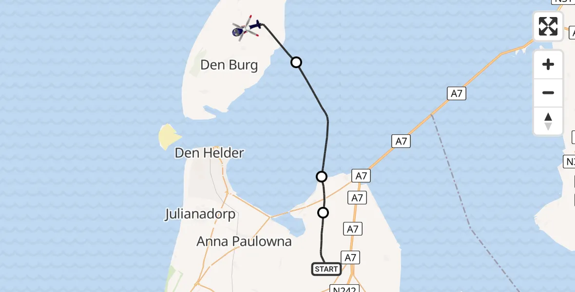 Routekaart van de vlucht: Politiehelikopter naar De Cocksdorp, Nieuwesluizerweg