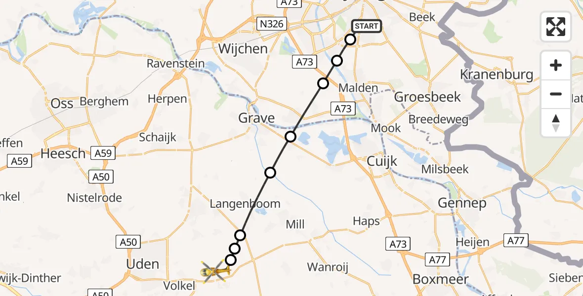 Vluchtroute Traumahelikopter Radboud Universitair Medisch Centrum - Vliegbasis Volkel, 11 november 2024, 18:26