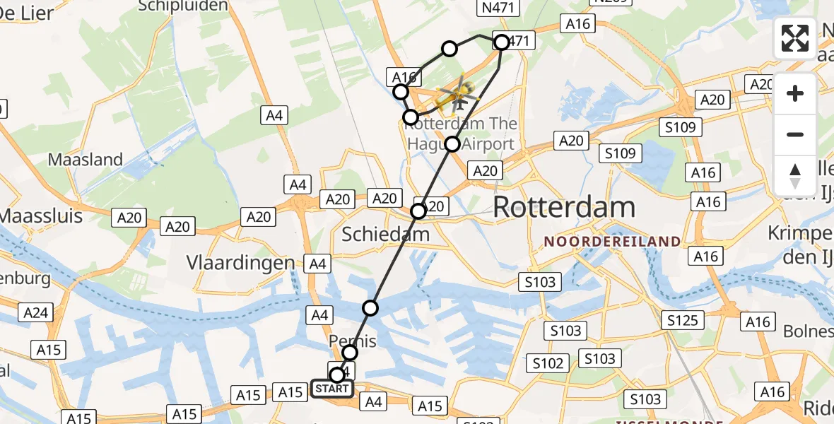 Vluchtroute Traumahelikopter Hoogvliet - Rotterdam The Hague Airport, 11 november 2024, 19:32
