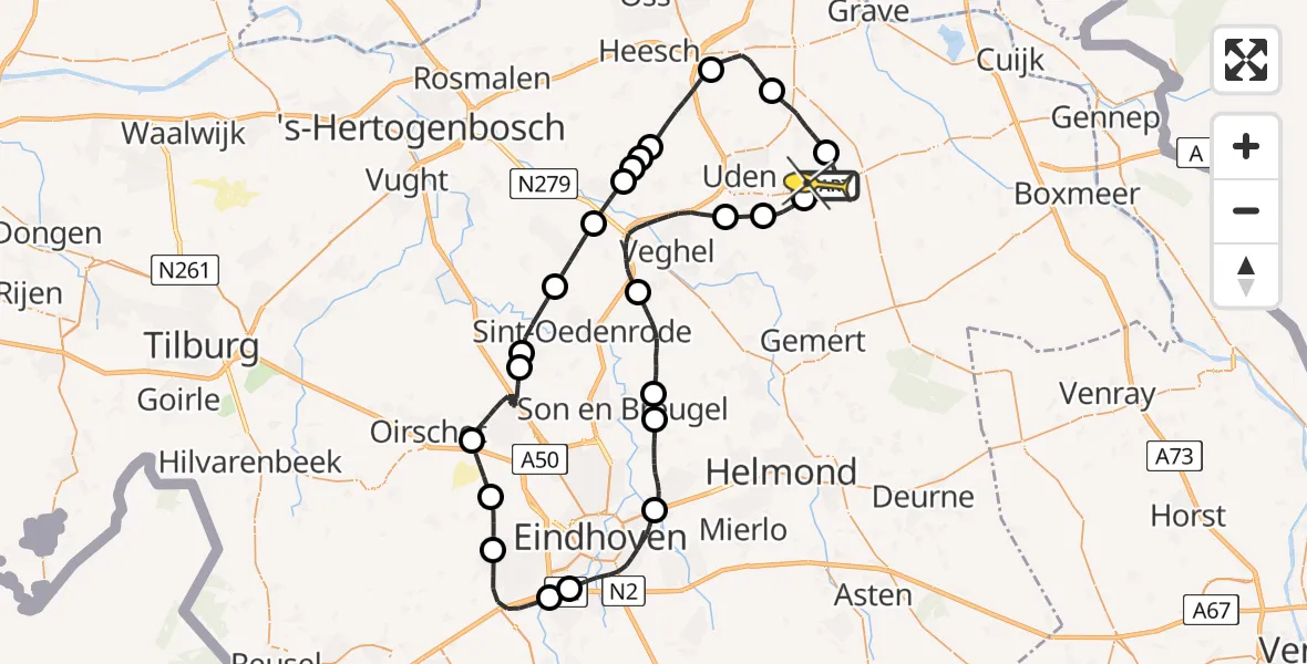 Routekaart van de vlucht: Politieheli naar Vliegbasis Volkel, Zeelandsedijk