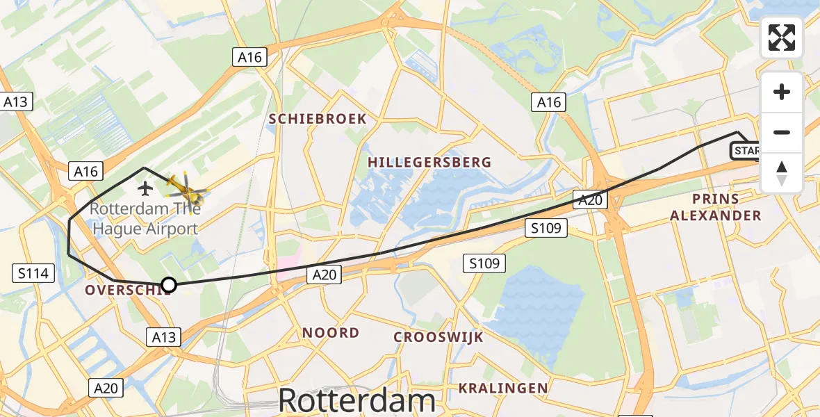 Vluchtroute Traumahelikopter Rotterdam - Rotterdam The Hague Airport, 11 november 2024, 21:15