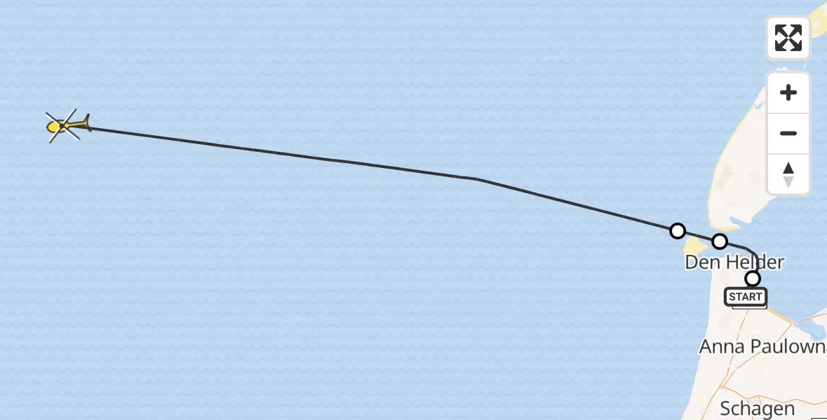 Vluchtroute Kustwachthelikopter van Vliegveld De Kooy naar 