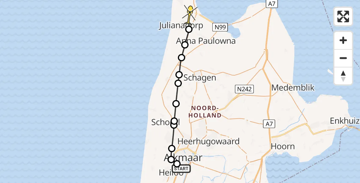 Routekaart van de vlucht: Kustwachthelikopter naar Julianadorp, Kennemerstraatweg