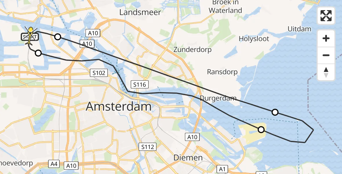 Routekaart van de vlucht: Lifeliner 1 naar Amsterdam Heliport, Westhavenweg