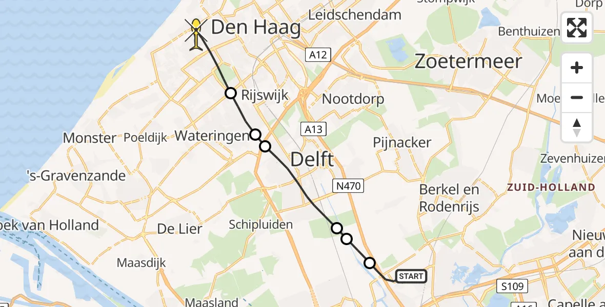 Routekaart van de vlucht: Lifeliner 2 naar Den Haag, Rotterdam Airportbaan