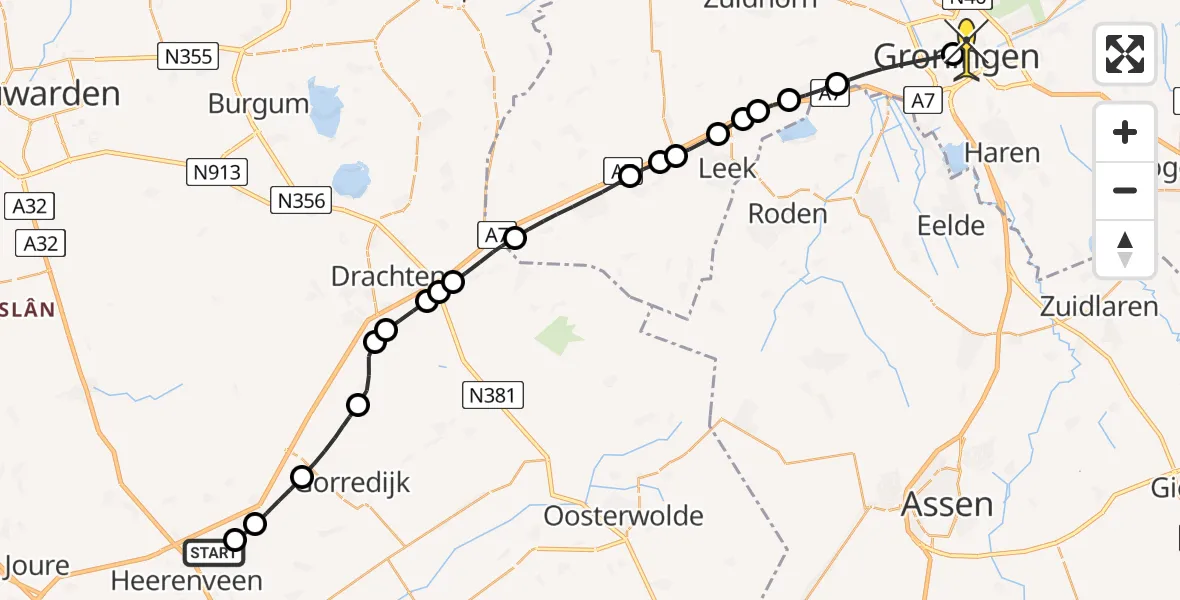 Routekaart van de vlucht: Lifeliner 4 naar Universitair Medisch Centrum Groningen, Sportvisplas Zestienroeden