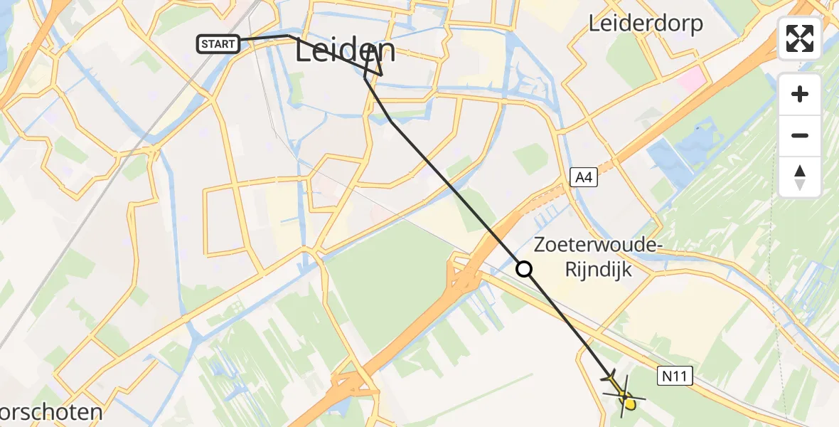 Routekaart van de vlucht: Politiehelikopter naar Zoeterwoude, Middelstegracht
