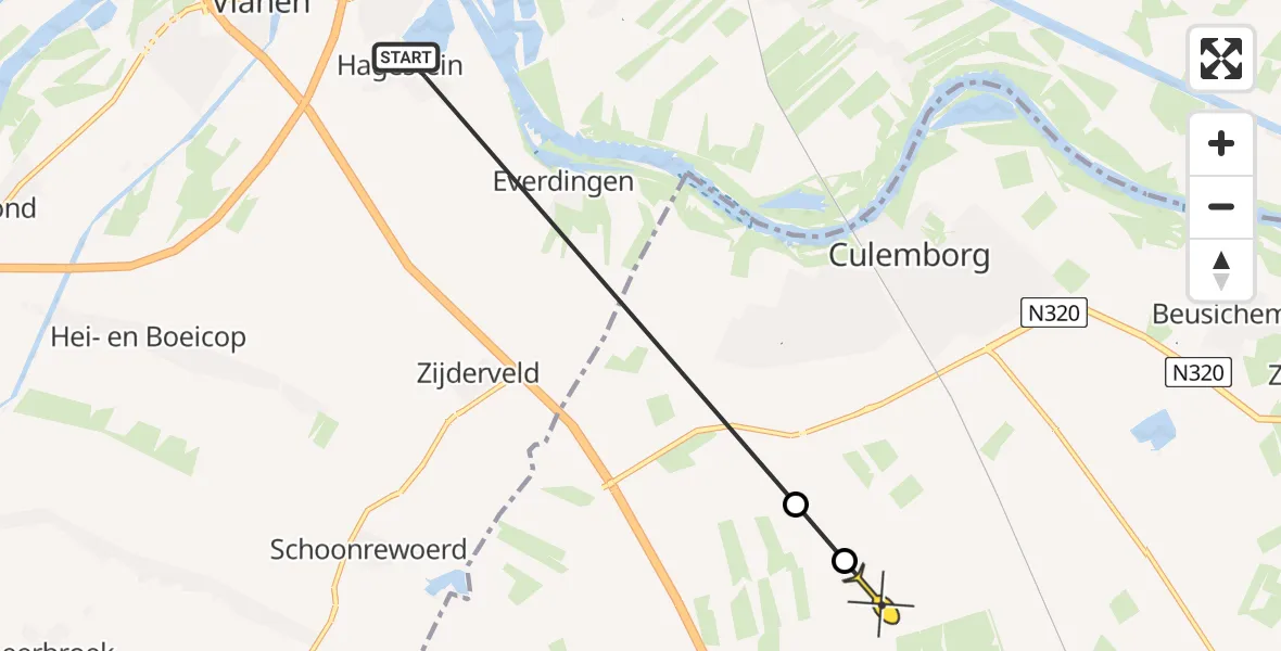 Routekaart van de vlucht: Politiehelikopter naar Beesd, Kooiweg Oost