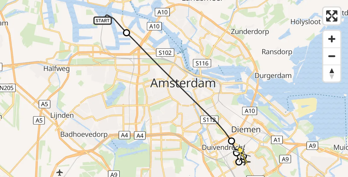 Routekaart van de vlucht: Lifeliner 1 naar Diemen, Westhavenweg