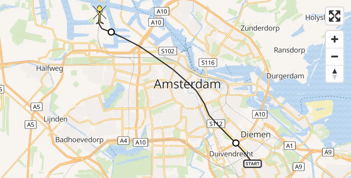 Routekaart van de vlucht: Lifeliner 1 naar Amsterdam Heliport, Maltaweg